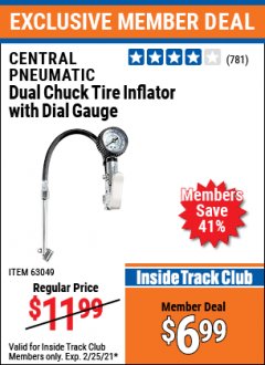 Harbor Freight ITC Coupon CENTRAL PNEUMATIC DUAL CHUCK TIRE INFLATOR WITH DIAL GAUGE Lot No. 63049 Expired: 2/25/21 - $6.99