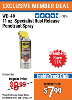 Harbor Freight ITC Coupon WD-40 11OZ. SPECIALIST RUST RELEASE PENETRANT SPRAY Lot No. 61475 Expired: 2/25/21 - $7.99