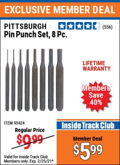 Harbor Freight ITC Coupon PITTSBURGH PIN PUNCH SET, 8PC Lot No. 93424 Expired: 2/25/21 - $5.99