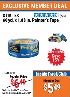 Harbor Freight ITC Coupon STIKTEK 60YD. X 1.88IN. PAINTER'S TAPE Lot No. 63243 Expired: 2/25/21 - $5.49