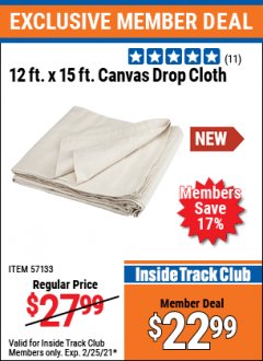 Harbor Freight ITC Coupon 12 X 15 CANVAS DROP CLOTH Lot No. 57133 Expired: 2/25/21 - $22.99