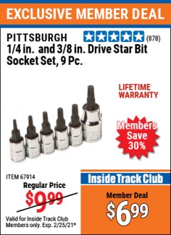 Harbor Freight ITC Coupon PITTSBURGH 1/4IN. AND 3/8IN. DRIVE STAR BIT SOCKET SET, 9PC. Lot No. 67914 Expired: 2/25/21 - $6.99