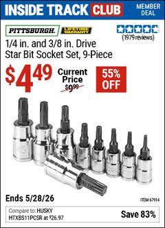 Harbor Freight Coupon PITTSBURGH 1/4 IN. AND 3/8 IN. DRIVE STAR BIT SOCKET SET, 9-PIECE Lot No. 67914 Valid: 12/31/69 - 5/28/26 - $4.49