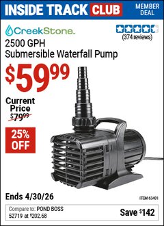 Harbor Freight ITC Coupon CREEKSTONE 2500 GPH SUBMERSIBLE WATERFALL PUMP Lot No. 63401 Valid Thru: 4/30/26 - $59.99