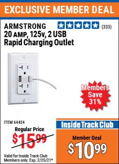 Harbor Freight ITC Coupon ARMSTRONG 20A, 125V, 2 USB RAPID CHARGING OUTLET Lot No. 64424 Expired: 2/25/21 - $10.99