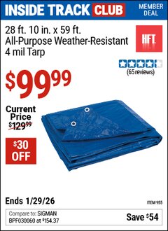 Harbor Freight ITC Coupon HFT 28 FT. 10 IN. X 59 FT. BLUE ALL-PURPOSE WEATHER-RESISTANT 4 MIL TARP Lot No. 955 Valid Thru: 1/29/26 - $99.99