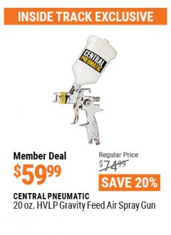 Harbor Freight ITC Coupon CENTRAL PNEUMATIC 20 OZ. HVLP GRAVITY FEED SPRAY GUN Lot No. 56982 Expired: 4/29/21 - $59.99