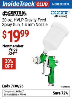 Harbor Freight ITC Coupon CENTRAL PNEUMATIC 20 OZ. HVLP GRAVITY-FEED SPRAY GUN, 1.4 MM NOZZLE Lot No. 56982 Valid Thru: 7/30/26 - $19.99