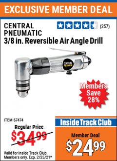 Harbor Freight ITC Coupon CENTRAL PNEUMATIC 3/8 IN. REVERSIBLE AIR ANGLE DRILL Lot No. 67474, 2439, 69495 Expired: 2/25/21 - $24.99