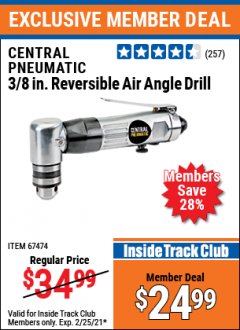 Harbor Freight ITC Coupon CENTRAL PNEUMATIC 3/8 IN. REVERSIBLE AIR ANGLE DRILL Lot No. 67474/2439/69495 Expired: 2/25/21 - $24.99