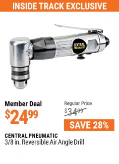 Harbor Freight ITC Coupon CENTRAL PNEUMATIC 3/8 IN. REVERSIBLE AIR ANGLE DRILL Lot No. 67474/2439/69495 Expired: 5/31/21 - $24.99