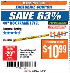 Harbor Freight ITC Coupon PITTSBURGH 48 IN. BOX FRAME LEVEL Lot No. 69245 Expired: 10/9/18 - $10.99