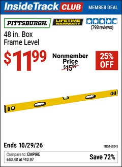 Harbor Freight ITC Coupon PITTSBURGH 48 IN. BOX FRAME LEVEL Lot No. 69245 Valid Thru: 10/29/26 - $11.99
