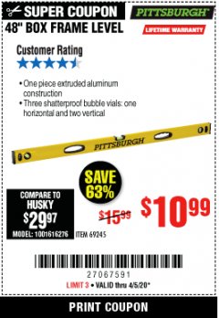 Harbor Freight Coupon 48" BOX FRAME LEVEL Lot No. 69245 Expired: 6/30/20 - $10.99