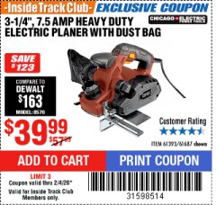 Harbor Freight ITC Coupon 3-1/4" HEAVY DUTY ELECTRIC PLANER WITH DUST BAG Lot No. 61393/95838/61687 Expired: 2/4/20 - $39.99