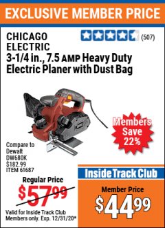 Harbor Freight ITC Coupon 3-1/4" HEAVY DUTY ELECTRIC PLANER WITH DUST BAG Lot No. 61393/95838/61687 Expired: 12/31/20 - $44.99