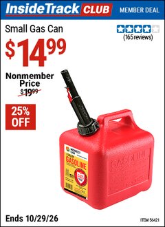 Harbor Freight ITC Coupon MIDWEST CAN SMALL GAS CAN Lot No. 56421 Valid Thru: 10/29/26 - $14.99