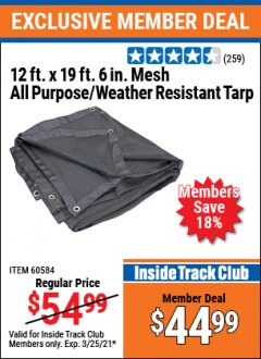 Harbor Freight ITC Coupon HFT 12 FT. X 20 FT. MESH ALL-PURPOSE/WEATHER-RESISTANT TARP Lot No. 60584 Expired: 3/25/21 - $44.99