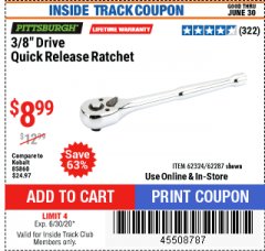 Harbor Freight ITC Coupon 3/8" DRIVE QUICK RELEASE Lot No. 62287/69348/62324 Expired: 6/30/20 - $8.99