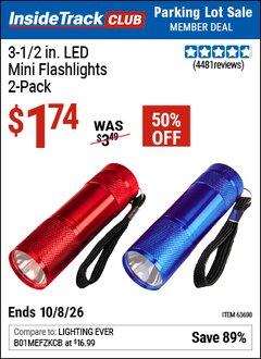 Harbor Freight ITC Coupon 3-1/2 IN. LED MINI FLASHLIGHTS, 2-PACK Lot No. 63600/63876 Expired: 10/8/26 - $1.74