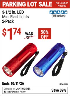 Harbor Freight Coupon 3-1/2 IN. LED MINI FLASHLIGHTS, 2-PACK Lot No. 63600/63876 Valid Thru: 10/11/26 - $1.74