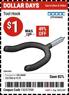 Harbor Freight Coupon TOOL HOOK Lot No. 65590 Valid Thru: 10/21/26 - $1