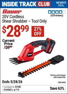 Harbor Freight ITC Coupon BAUER 20V CORDLESS SHEAR SHRUBBER &ndash; TOOL ONLY Lot No. 56895 Valid Thru: 5/28/26 - $28.99