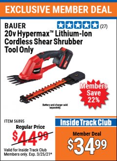 Harbor Freight ITC Coupon BAUER 20V HYPERMAX LITHIUM-ION CORDLESS SHEAR SHRUBBER TOOL ONLY Lot No. 56895 Expired: 3/25/21 - $34.99