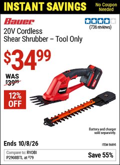 Harbor Freight Coupon BAUER 20V CORDLESS SHEAR SHRUBBER &ndash; TOOL ONLY Lot No. 56895 Valid Thru: 10/8/26 - $34.99