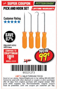 Harbor Freight Coupon 4 PIECE PICK AND HOOK SET Lot No. 63697/66836/34328/63765 Expired: 7/31/18 - $0.99