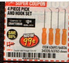 Harbor Freight Coupon 4 PIECE PICK AND HOOK SET Lot No. 63697/66836/34328/63765 Expired: 7/31/19 - $0.99