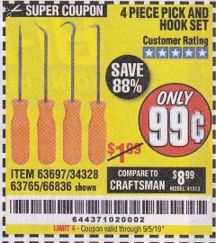 Harbor Freight Coupon 4 PIECE PICK AND HOOK SET Lot No. 63697/66836/34328/63765 Expired: 9/5/19 - $0.99