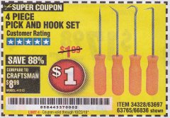 Harbor Freight Coupon 4 PIECE PICK AND HOOK SET Lot No. 63697/66836/34328/63765 Expired: 10/23/19 - $1