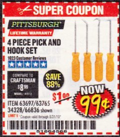 Harbor Freight Coupon 4 PIECE PICK AND HOOK SET Lot No. 63697/66836/34328/63765 Expired: 8/31/19 - $0.99