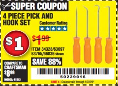 Harbor Freight Coupon 4 PIECE PICK AND HOOK SET Lot No. 63697/66836/34328/63765 Expired: 1/22/20 - $1