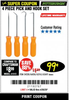 Harbor Freight Coupon 4 PIECE PICK AND HOOK SET Lot No. 63697/66836/34328/63765 Expired: 6/30/20 - $0.99