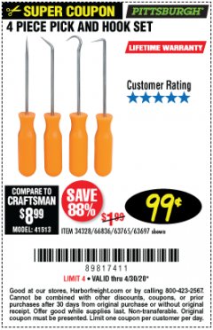 Harbor Freight Coupon 4 PIECE PICK AND HOOK SET Lot No. 63697/66836/34328/63765 Expired: 6/30/20 - $0.99