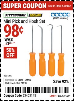 Harbor Freight Coupon PITTSBURGH MINI PICK AND HOOK SET Lot No. 63697/66836/94500/63765/34328 Expired: 6/14/26 - $0.98