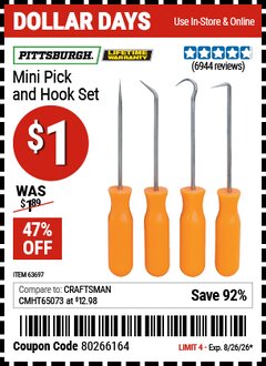 Harbor Freight Coupon PITTSBURGH MINI PICK AND HOOK SET Lot No. 63697/66836/94500/63765/34328 EXPIRES: 8/26/26 - $1