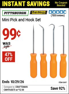Harbor Freight Coupon PITTSBURGH MINI PICK AND HOOK SET Lot No. 63697/66836/94500/63765/34328 Valid Thru: 10/29/26 - $0.99