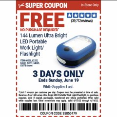 Harbor Freight FREE Coupon ULTRA BRIGHT LED FLASHLIGHT Lot No. 35564 Expired: 6/19/22 - NPR