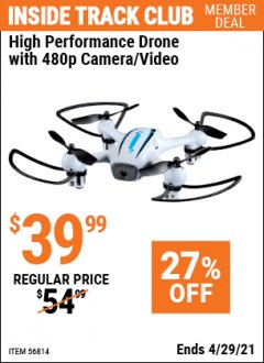 Harbor Freight ITC Coupon HIGH PERFORMANCE DRONE WITH 480P CAMERA/VIDEO Lot No. 56814 Expired: 4/29/21 - $39.99