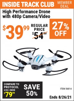 Harbor Freight ITC Coupon HIGH PERFORMANCE DRONE WITH 480P CAMERA/VIDEO Lot No. 56814 Expired: 8/26/21 - $39.99