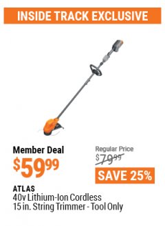 Harbor Freight ITC Coupon ATLAS 40V LITHIUM-ION CORDLESS 15 IN. STRING TRIMMER - TOOL ONLY Lot No. 56936 Expired: 4/29/21 - $59.99