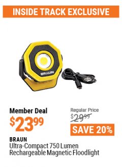 Harbor Freight ITC Coupon BRAUN ULTRA-COMPACT 750 LUMEN RECHARGEABLE MAGNETIC FLOODLIGHT Lot No. 57187 Expired: 4/29/21 - $23.99