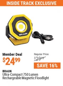 Harbor Freight ITC Coupon BRAUN ULTRA-COMPACT 750 LUMEN RECHARGEABLE MAGNETIC FLOODLIGHT Lot No. 57187 Expired: 7/29/21 - $24.99