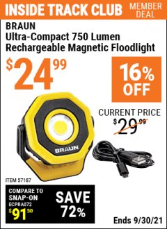 Harbor Freight ITC Coupon BRAUN ULTRA-COMPACT 750 LUMEN RECHARGEABLE MAGNETIC FLOODLIGHT Lot No. 57187 Expired: 9/30/21 - $24.99