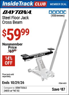 Harbor Freight ITC Coupon DAYTONA STEEL FLOOR JACK CROSS BEAM Lot No. 64051 Valid Thru: 10/29/26 - $59.99