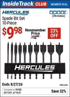 Harbor Freight ITC Coupon HERCULES SPADE BIT SET, 10-PIECE Lot No. 63388 Valid Thru: 8/27/26 - $9.98
