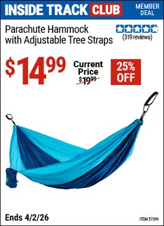 Harbor Freight ITC Coupon PARACHUTE HAMMOCK WITH ADJUSTABLE TREE STRAPS Lot No. 57399 Valid Thru: 4/2/26 - $14.99